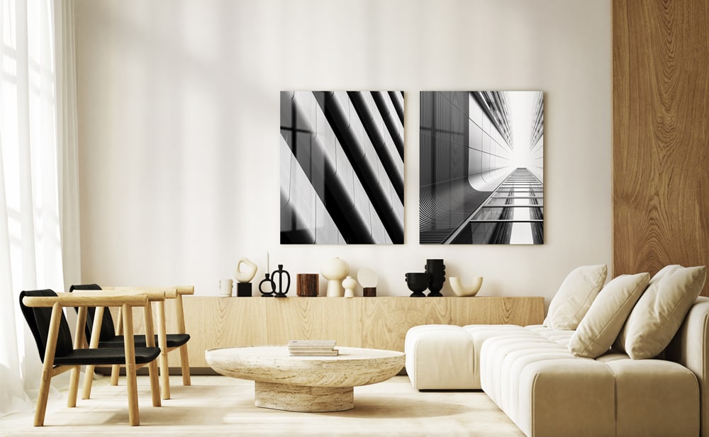 Modern HD Metal wall art with sharp black-and-white architecture prints — sleek, glossy, and perfect for a stylish interior.