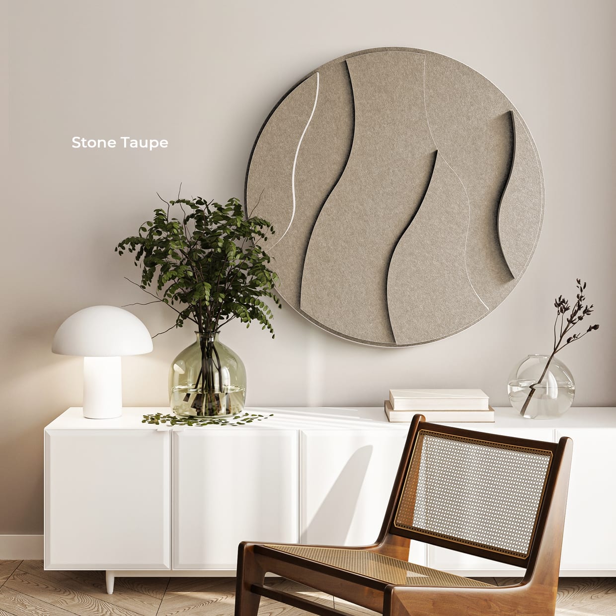 A Stone Taupe Felt Art Round piece as art in a room